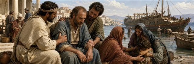 Companions comforting a weary apostle and a grieving family beside a repaired ship in harbor